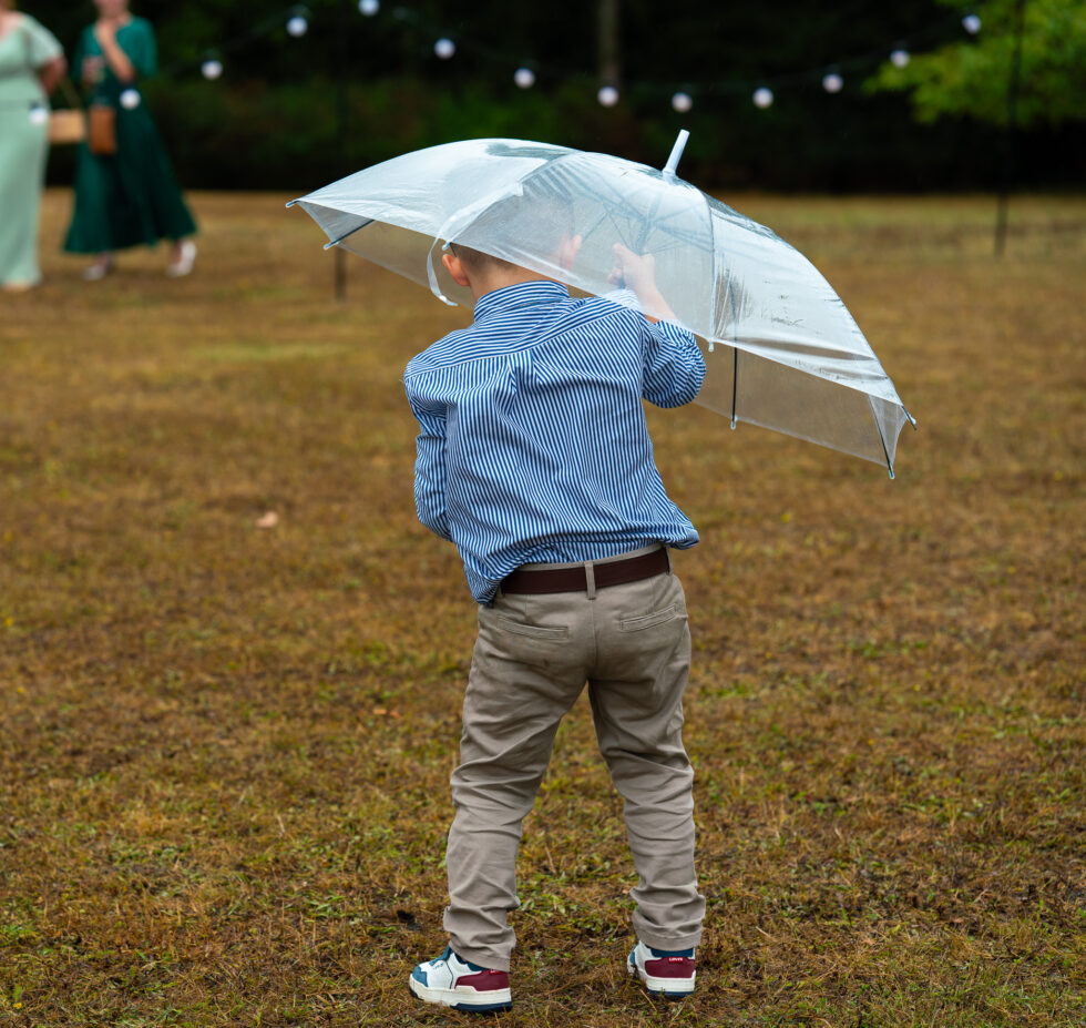 Child holding a clear umbrella standing on a lawn seen from behind